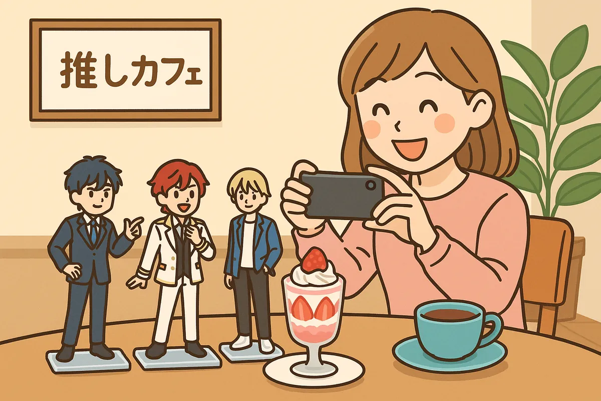 推しカフェでアクスタを並べて写真を撮っている女子のイラスト