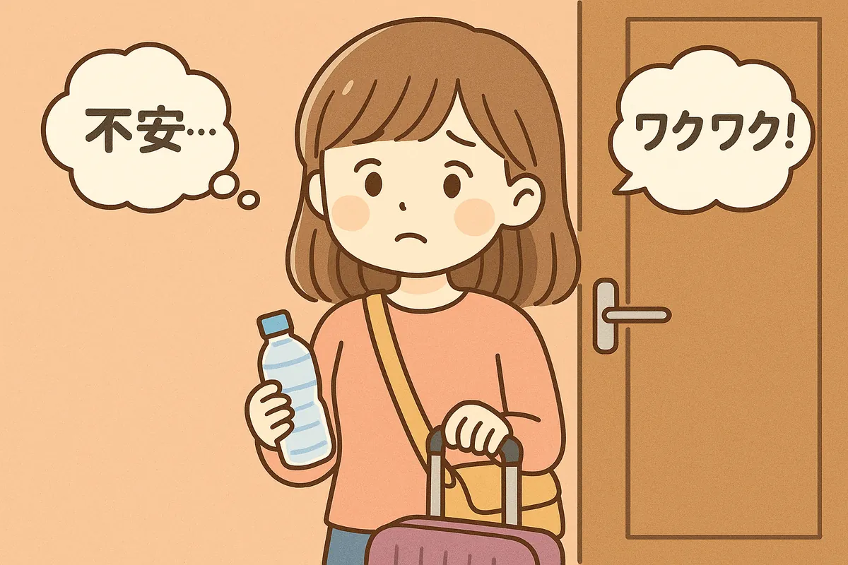 推し活に向かう前の不安とワクワクが入り混じる女の子のイラスト